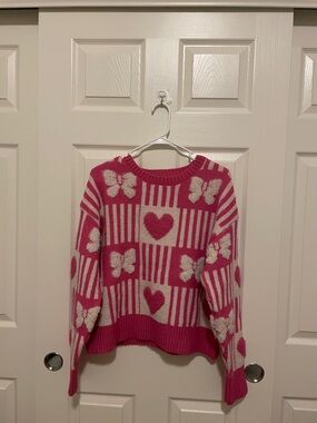 Pink Heart & Butterfly Pattern Women's Sweater